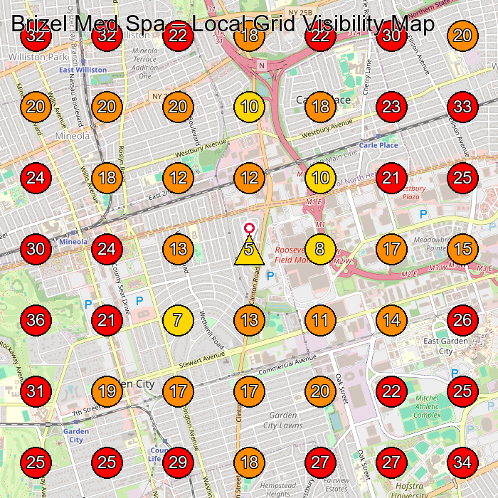 Brizel Med Spa GeoGrid visibility map for Sportswear Store in 630 Old Country Rd Space 2035